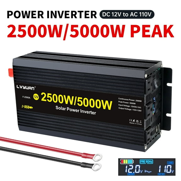 LVYUAN 2500W 5000W Peak Modified Sine Wave Power Inverter 12V DC to 110V AC Converter Adapter USB Charger, 3AC Outlets & 2 USB, LCD Display for Car, RV, Outdoor Camping & Home Backup Black