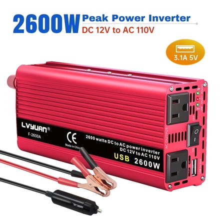 LVYUAN 2600 Watts Peak Power Inverter Modified Sine Wave DC 12V to AC 110V 120V Car Converter 2 AC Outlets   USB Adapter USB Charger for Car, RV, Camping & Home Backup Red