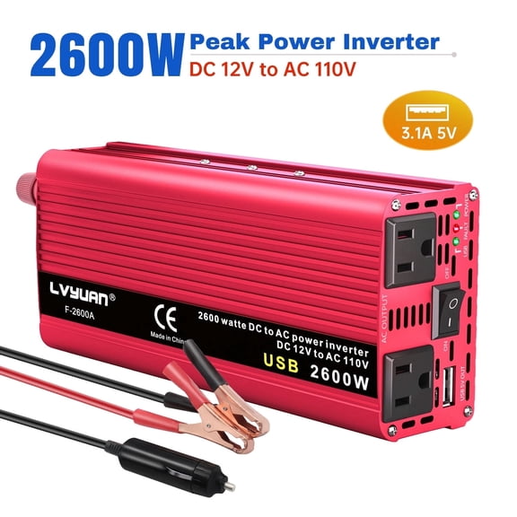 LVYUAN 2600 Watts Peak Power Inverter Modified Sine Wave DC 12V to AC 110V 120V Car Converter 2 AC Outlets + USB Adapter USB Charger for Car, RV, Camping & Home Backup Red