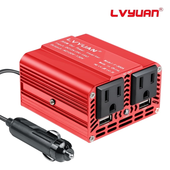 300W Modified Sine Wave Power Inverter 12V DC to 110V AC Vehicles Converter 2 AC Outlets + 2USB Charger Car Plug Adapter for Laptop, Computer, Car, RV, Camping & Home Red