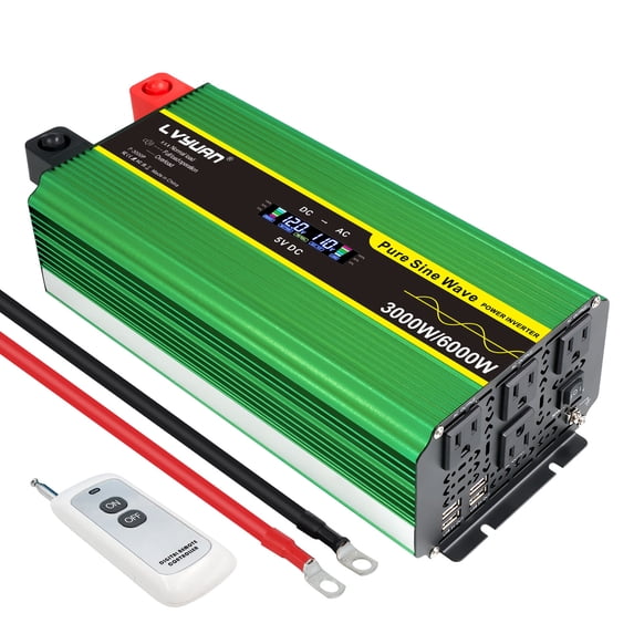 LVYUAN 3000W Pure Sine Wave Power Inverter 6000W Peak DC 12V to AC 110V Car Converter with LCD Display, Remote Control, 4 AC & 4 USB Ports, for Car, RV, Truck, Camping, Off-Grid, Home Backup Green