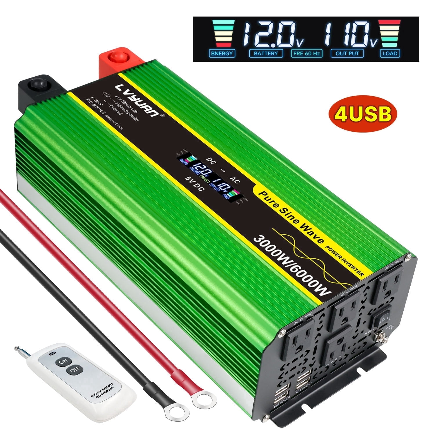LVYUAN 3000W Pure Sine Wave Power Inverter, 12V DC to 110V AC