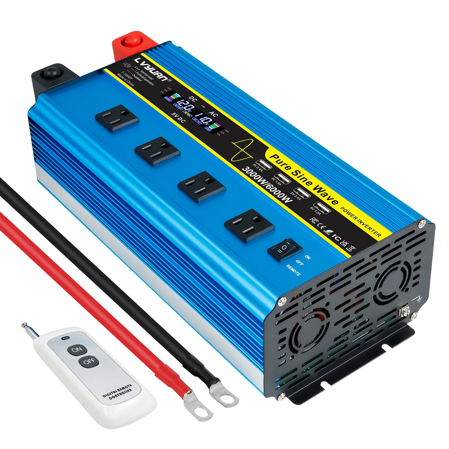 LVYUAN 3000W Pure Sine Wave Power Inverter 6000W Peak DC 12V to AC 110V Car Converter with LCD Display, Remote Control, 4 AC & 4 USB Ports, for Car, RV, Truck, Camping, Off-Grid, Home Backup Blue