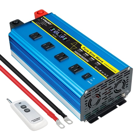 3000W 6000W Peak Pure Sine Wave Power Inverter Car Converter DC 12V to AC 110V/120V with 4USB & 4AC Outlets, LCD Display, Remote Control for Car, RV, Camping, Outdoor & Home Emergency Use Blue