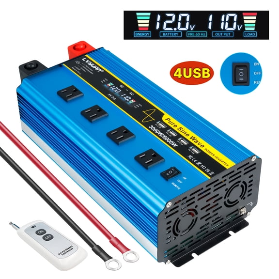 3000W 6000W Peak Pure Sine Wave Power Inverter Car Converter DC 12V to AC 110V/120V with 4USB & 4AC Outlets, LCD Display, Remote Control for Car, RV, Camping, Outdoor & Home Emergency Use Blue