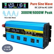 LVYUAN 3000W 6000W Pure Sine Wave Power Inverter 12V DC to 110V AC Car Converter 4 AC Outlets + 4 USB Charger LCD Display with Remote Control for Vehicles, RV, Camping & Home Backup Blue