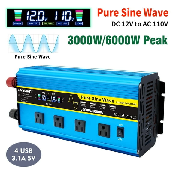 LVYUAN 3000W 6000W Pure Sine Wave Power Inverter 12V DC to 110V AC Car Converter 4 AC Outlets + 4 USB Charger LCD Display with Remote Control for Vehicles, RV, Camping & Home Backup Blue