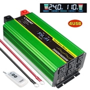 LVYUAN 3000W 6000W Peak Pure Sine Wave Power Inverter Car Converter DC 24V to AC 110V/120V with 4USB & 4AC Outlets, LCD Display, Remote Control for Car, RV, Camping, Outdoor & Home Backup Green