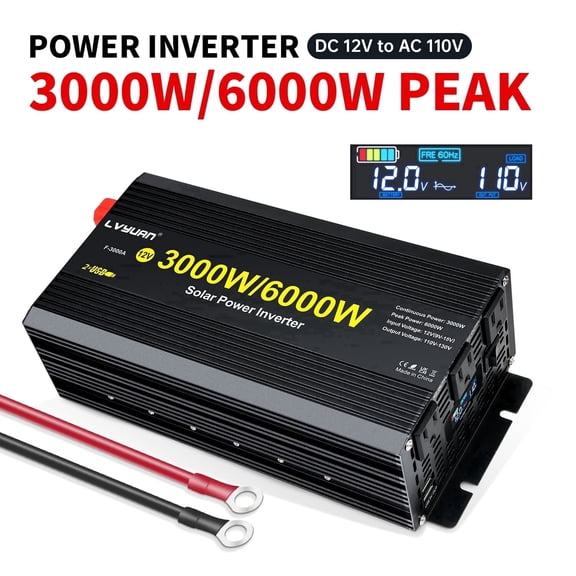 3000W Power Inverter 12V DC to 110V AC Car Inverter Converter with LCD Display, 3AC Outlets & 2 USB for Car, RV, Outdoor Camping & Home Backup Black Peak Modified Sine Wave Power Inverter