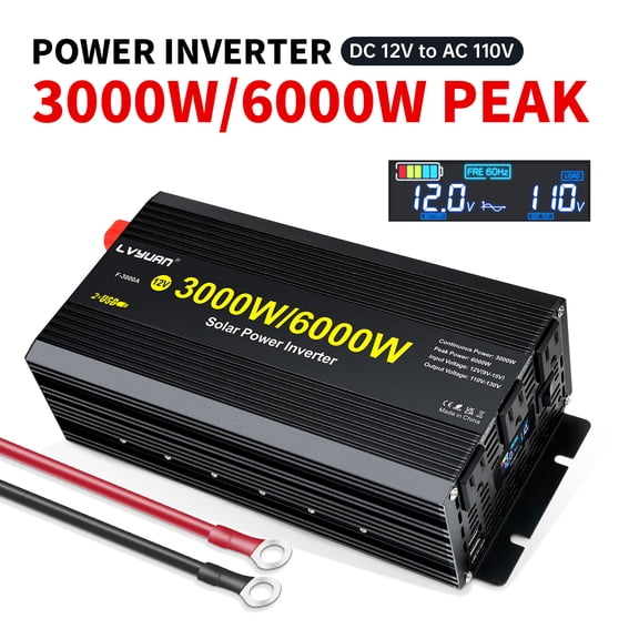 3000W 6000W Peak Modified Sine Wave Power Inverter 12V DC to 110V AC Converter Adapter USB Charger, 3AC Outlets & 2 USB, LCD Display for Car, RV, Outdoor Camping & Home Backup Black