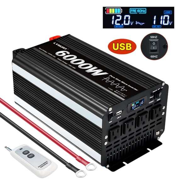 3000W 6000W Peak Pure Sine Wave Power Inverter 12V DC to 110V AC Converter, 60Hz/50Hz, 4 AC Outlets   USB, LCD Display, Remote Control for Car, RV, Camping & Home Backup Black