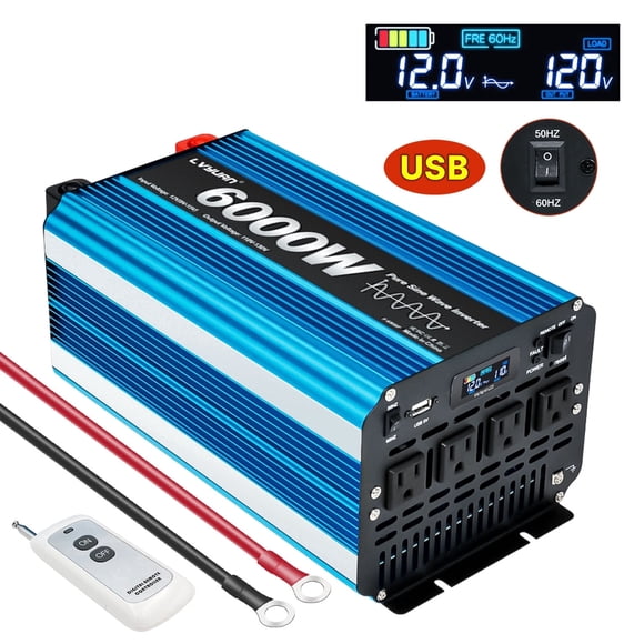 LVYUAN 3000W 6000W Peak Pure Sine Wave Power Inverter 12V DC to 110V AC Converter, 60Hz/50Hz, 4 AC Outlets + USB, LCD Display, Remote Control for Car, RV, Camping & Home Backup Blue
