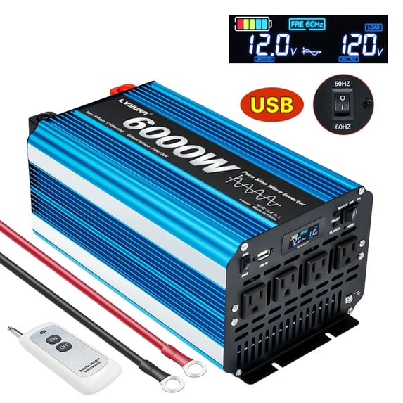 LVYUAN 3000W 6000W Peak Pure Sine Wave Power Inverter 12V DC to 110V AC Converter, 60Hz/50Hz, 4 AC Outlets + USB, LCD Display, Remote Control for Car, RV, Camping & Home Backup Blue