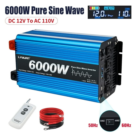 LVYUAN 3000W 6000W Peak Pure Sine Wave Power Inverter 12V DC to 110V AC Converter, 60Hz/50Hz, 4 AC Outlets + USB, LCD Display, Remote Control for Car, RV, Camping & Home Backup Blue