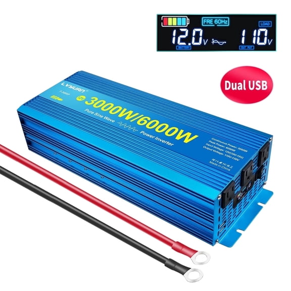 EFFORTWAY 3000W Power Inverter DC 12V to AC 110V Pure Sine Wave Car Inverter 3AC Outlets 2USB Ports LCD Display for Vehicles, Outdoor Travel