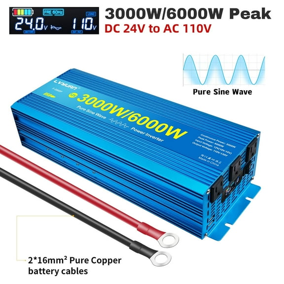 LVYUAN 3000W 6000W Peak Power Inverter DC 24V to AC 110V Pure Sine Wave Car Battery Inverter 3 AC Outlets & 2 USB Charger Adapter LCD Display for Car, RV, Truck, Camping, Home Backup, Emergency Power