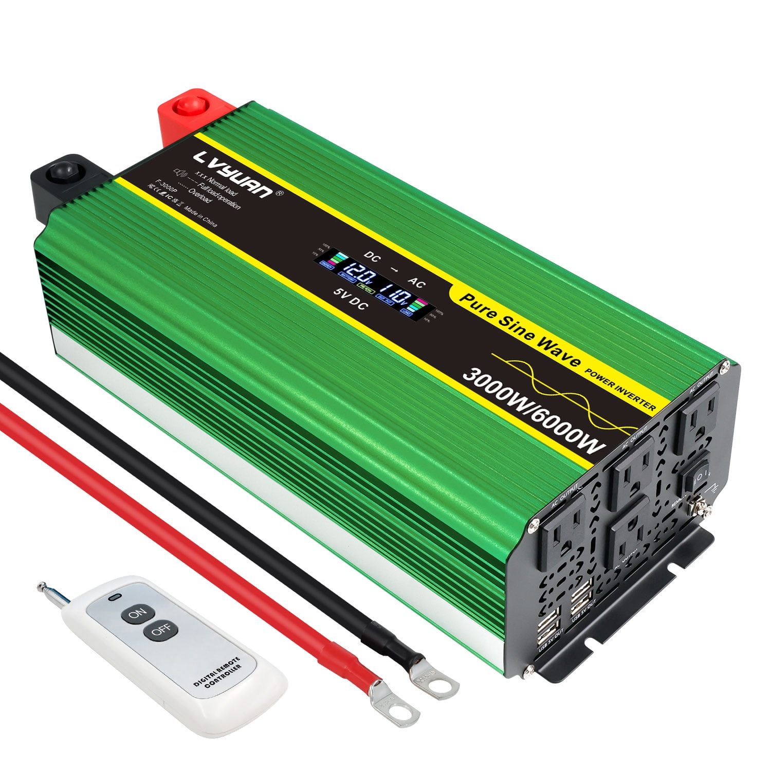 Flash Power Inverter LVYUAN 3000W Pure Sine Wave Power Inverter 6000W Peak DC 12V to AC 110V ...