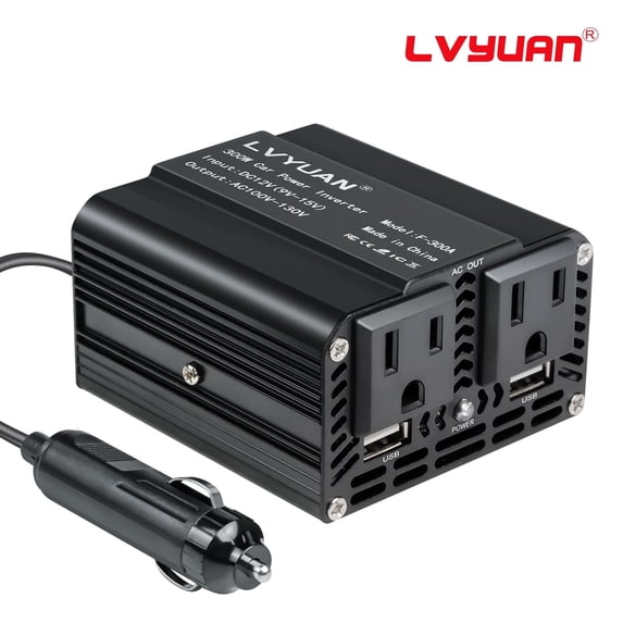 300W Modified Sine Wave Power Inverter 12V DC to 110V AC Vehicles Converter 2 AC Outlets + 2USB Charger Car Plug Adapter for Laptop, Computer, Car, RV, Camping & Home Black