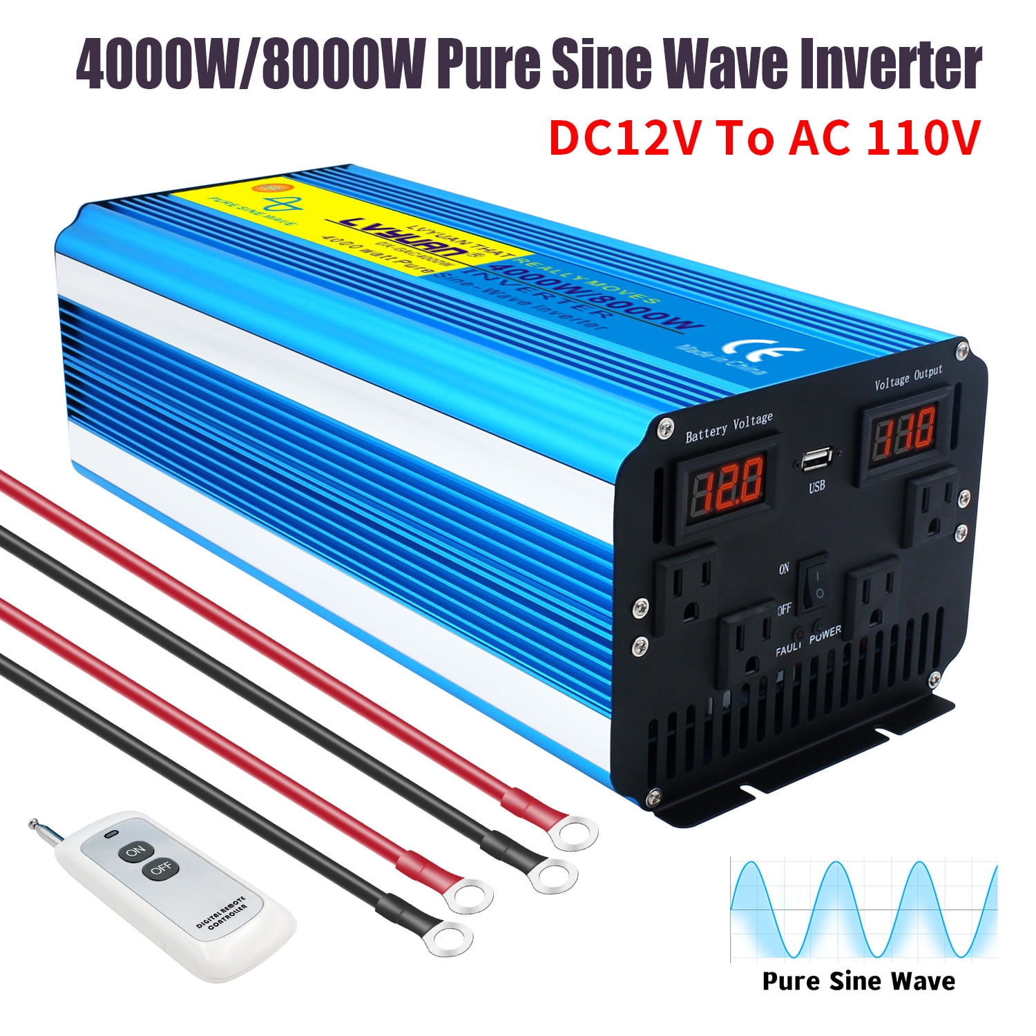 LVYUAN 4000W Pure Sine Wave Power Inverter, DC 12V to AC 110V, LED 