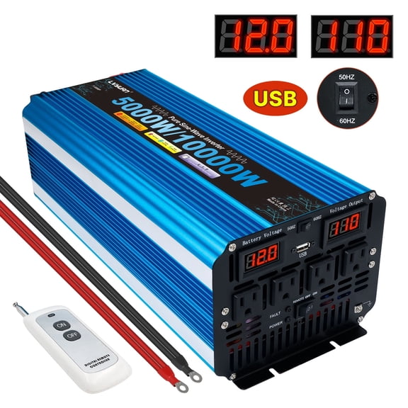 5000W 10000W Peak Pure Sine Wave Power Inverter 12V DC to 110V AC Converter, 60Hz/50Hz, 4 AC Outlets + USB, LED Display, Remote Control for Car, RV, Camping & Home Backup
