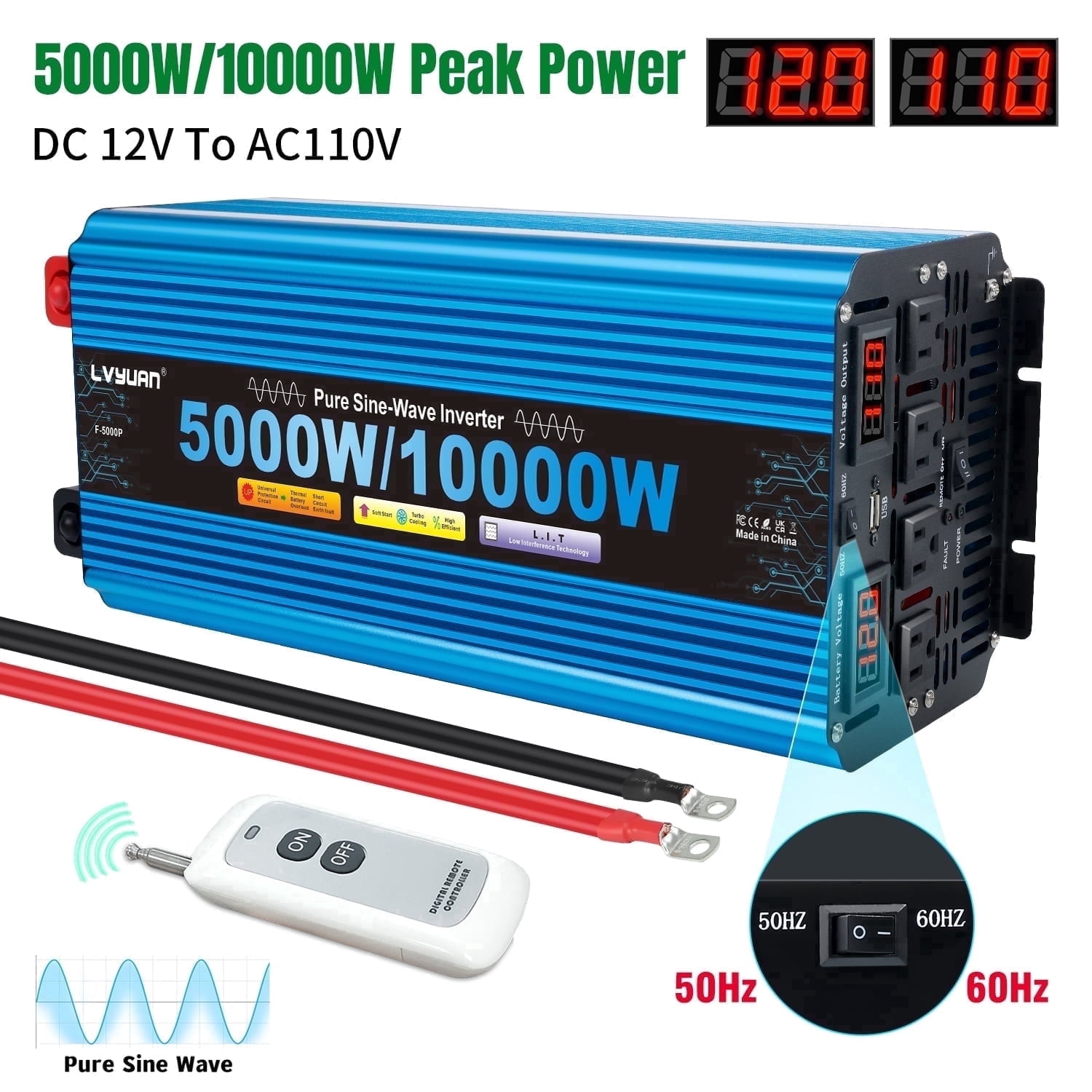 LVYUAN 5000W 10000W Peak Pure Sine Wave Power Inverter 12V DC to 110V AC Converter, 60Hz/50Hz, 4 AC Outlets + USB, LED Display, Remote Control for Car, RV, Camping & Home Backup