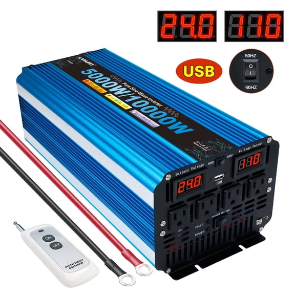 5000W 10000W Peak Pure Sine Wave Power Inverter 24V DC to 110V AC Converter, 60Hz/50Hz, 4 AC Outlets + USB, LED Display, Remote Control for Car, RV, Camping & Home Backup