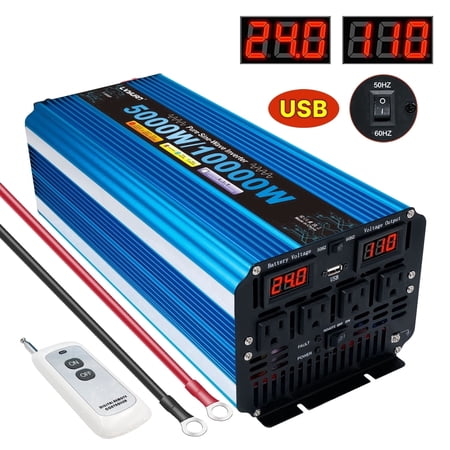 LVYUAN 5000W 10000W Peak Pure Sine Wave Power Inverter 24V DC to 110V AC Converter, 60Hz/50Hz, 4 AC Outlets + USB, LED Display, Remote Control for Car, RV, Camping & Home Backup
