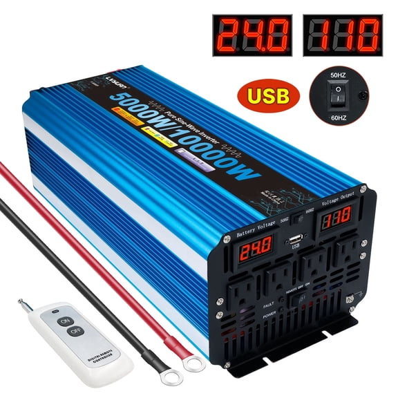 5000W 10000W Peak Pure Sine Wave Power Inverter 24V DC to 110V AC Converter, 60Hz/50Hz, 4 AC Outlets + USB, LED Display, Remote Control for Car, RV, Camping & Home Backup