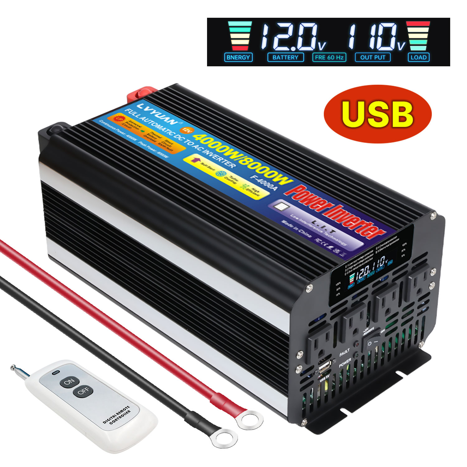 LVYUAN 4000W 8000W Peak Power Inverter, DC 12V to AC 110V Power Converter with 4 AC Outlets, USB Port, LCD Display, Remote Control for Car, RV, Truck, Camping, Off-Grid & Home Backup
