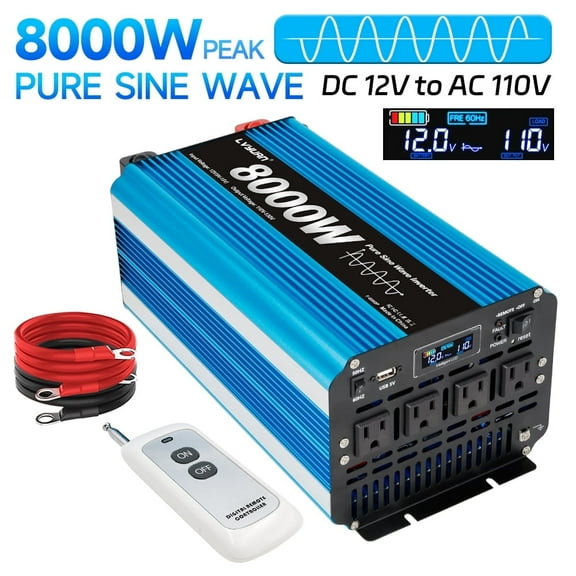 LVYUAN 4000W 8000W Peak Pure Sine Wave Power Inverter 12V DC to 110V AC Converter, 60Hz/50Hz, 4 AC Outlets + USB, LCD Display, Remote Control for Car, RV, Camping & Home Backup Blue