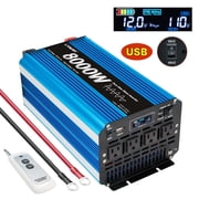 LVYUAN 4000W 8000W Peak Pure Sine Wave Power Inverter 12V DC to 110V AC Converter, 60Hz/50Hz, 4 AC Outlets + USB, LCD Display, Remote Control for Car, RV, Camping & Home Backup Blue