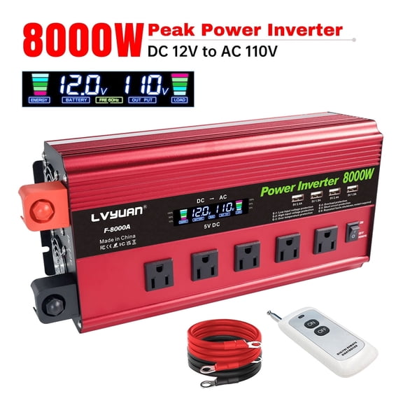 LVYUAN 4000W 8000W Surge Power Inverter DC 12V to AC 110V Car Converter with 5 AC Outlets, 4 USB Ports, LCD Display, Remote Control, for Car RV Truck Camping Home Backup