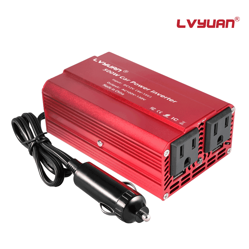 LVYUAN 500W Car Power Inverter 12V DC to 110V AC Vehicles Converter 2 AC Outlets + 2USB Car Charger Plug Adapter for Laptop, Computer, Car, RV, Camping & Home Red