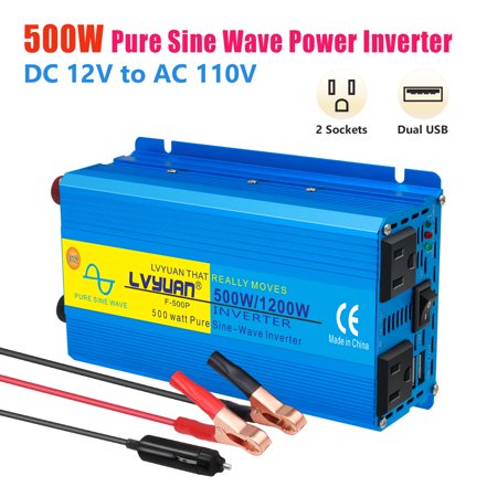 LVYUAN 500 Watts 1200 Watts Pure Sine Wave Power Inverter DC 12V to AC 110V 120V Car Battery Converter Charger Adapter 2USB 2AC for Laptops, RVs, Trucks