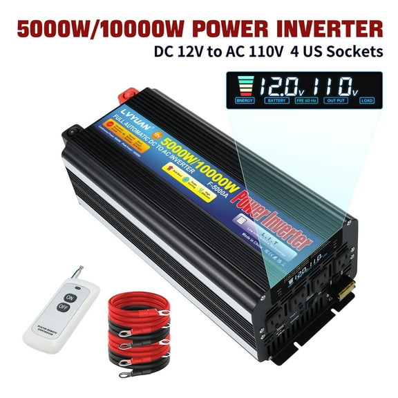 5000W 10000W Power Inverter DC 12V to AC 110V Modified Sine Wave Inverter,LCD Display,Remote Control,4AC+1USB for Vehicles,Outdoor Travel,Home Backup Black