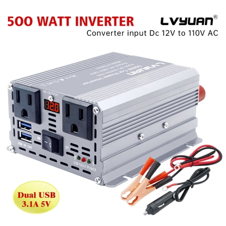 LVYUAN 500Watts Car Power Inverter Converter Adapter DC 12V to AC 110V Car Charger 2AC 2USB LED Display Silver