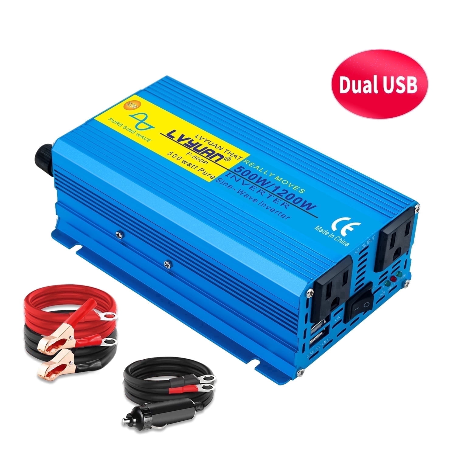 EFFORTWAY 500W Power Inverter DC 24V to AC 110V Pure Sine Wave Car Inverter 2AC Outlets 2USB Ports for Vehicles, Outdoor Travel