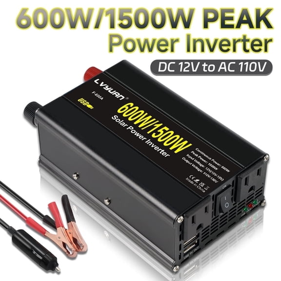 600W Power Inverter 12V DC to 110V AC Car Inverter Converter With 2AC Outlets & 2 USB for Car, RV, Outdoor Camping & Home Backup Black Peak Modified Sine Wave Power Inverter