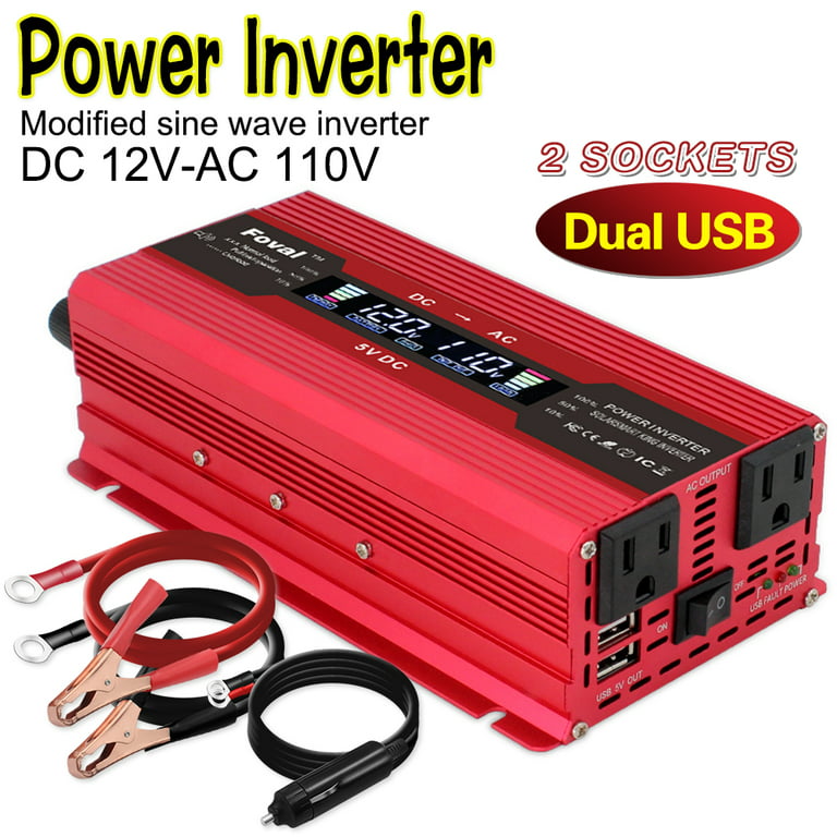 LVYUAN 800 Watts Power Inverter Modified Sine Wave Car Converter Charger  Adapter 2USB DC 12V to AC 110V 120V LCD Display Red 