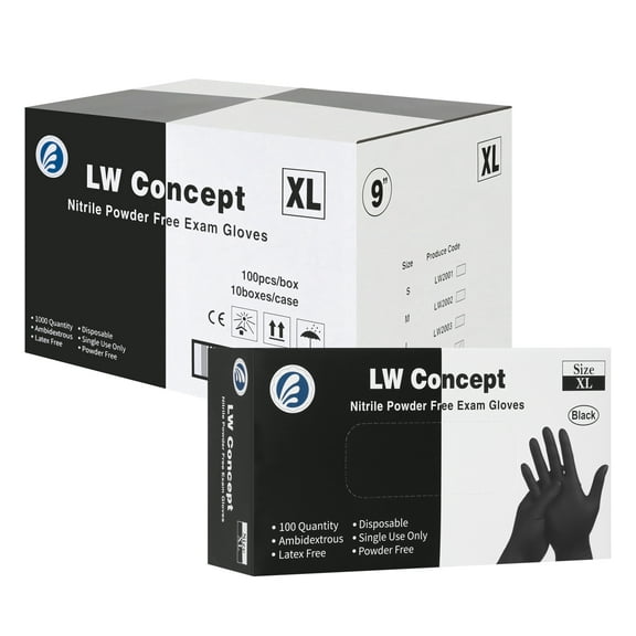 LW CONCEPT Black Medical Nitrile Examination Gloves - Latex & Powder-Free, Disposable, Ultra-Strong, Healthcare, Food Handling Use (X-Large, Case of 1000)