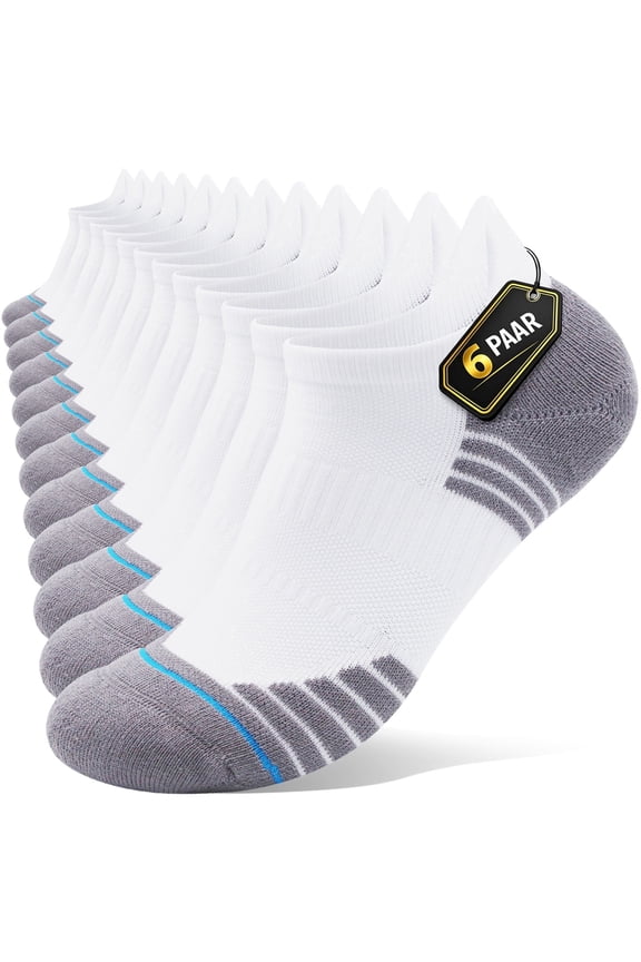Men Athletic Ankle Socks 6 Pairs, Breathable Low Cut Cushioned Arch Support Sport Running Gym Socks, Size US 9-12.5 White