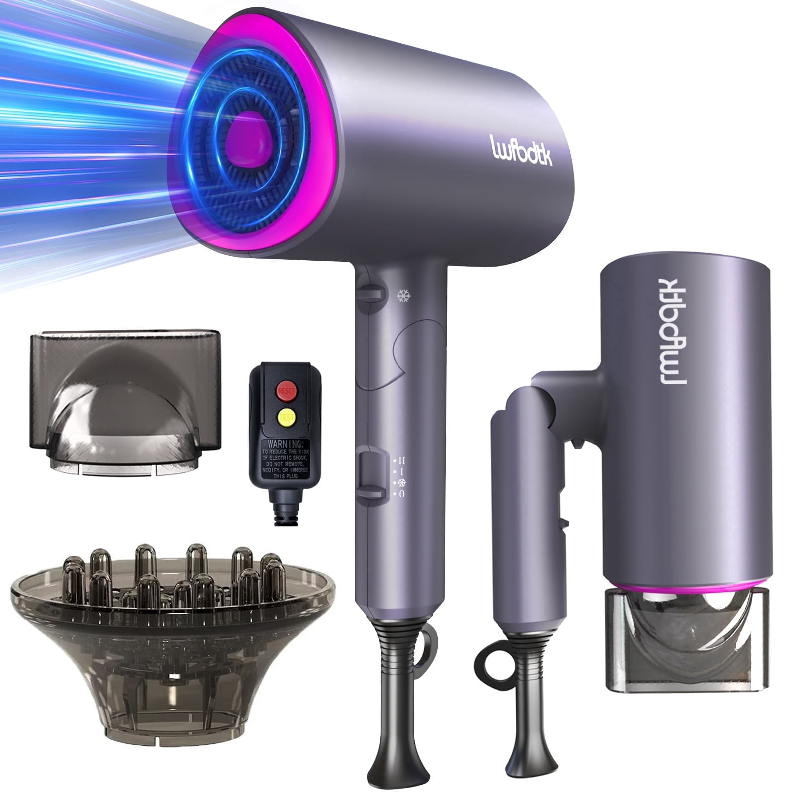 LWFBDTK Hair Dryer 1800W Professional Ionic Dryer, 3 Heat Settings, Powerful Hot/Cool Wind Blow Dryer, Grey