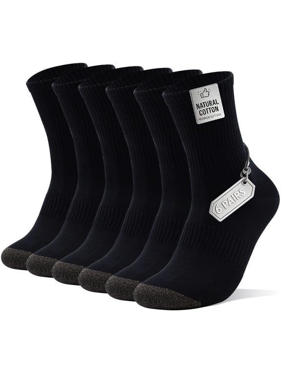 Men Arch Support Crew Socks 6 Pack, Moisture Wicking Athletic Running Work Hiking Socks, Gift Box Packaging, Size L 9-12.5 Black