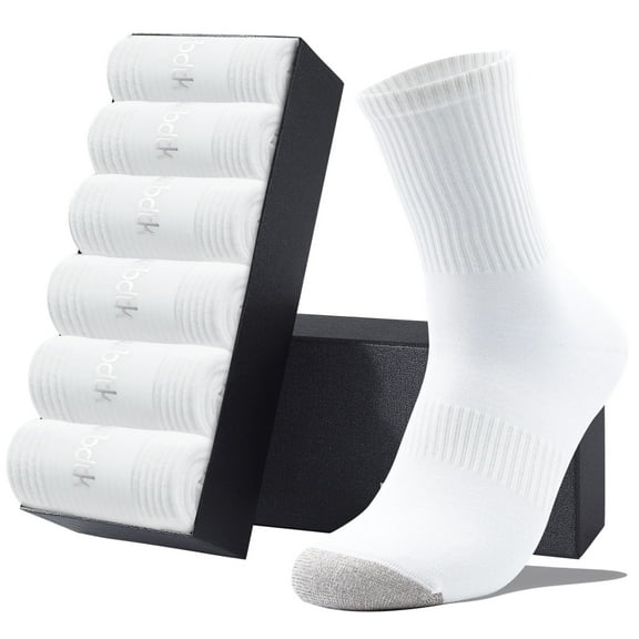 LWFBDTK Men’s Athletic Socks, Cushion Crew Socks, 6 Pairs White (Size 7-12)