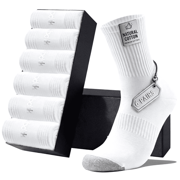 LWFBDTK Men Arch Support Crew Socks 6 Pack, Moisture Wicking Athletic Running Work Hiking Socks, Gift Box Packaging, Size L 9-12.5 White