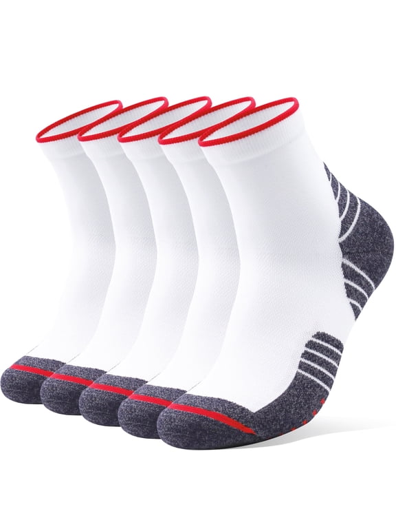 Men Crew Athletic Running Socks 5 Pairs, Cushioned Breathable Moisture Wicking Arch Support Sport Socks for Daily Workout US Size L 9-12.5 White