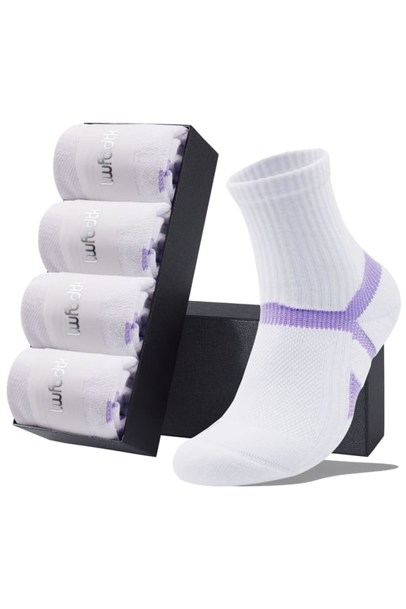 Cushion Crew Socks for Men Women, 4 Pairs Moisture-Wicking Athletic Socks, Memory Cushion Comfort & Odor Protection, Size 4.5-9.5, Purple
