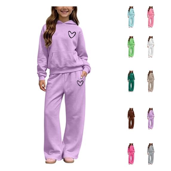 LWFFDAW 2 Piece Sets Sweatsuit for Girls 5-14 Years Fall Winter Long Sleeve Fleece Hoodie and Wide Leg Sweatpants Set with Pockets