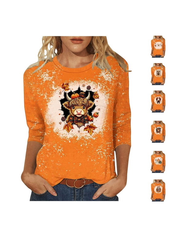 3/4 Sleeve Shirts for Women Thanksgiving Pumpkin Maple Leaf Graphic Tees Fall Holiday Crew Neck Causal T Shirts