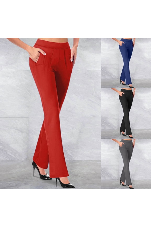 Bootcut Dress Pants for Women Elastic Waist Pleated Flare Dress Pant High Waist Stretchy Bootcut Trousers Pull On Work Slacks Business Casual Pant with Pockets